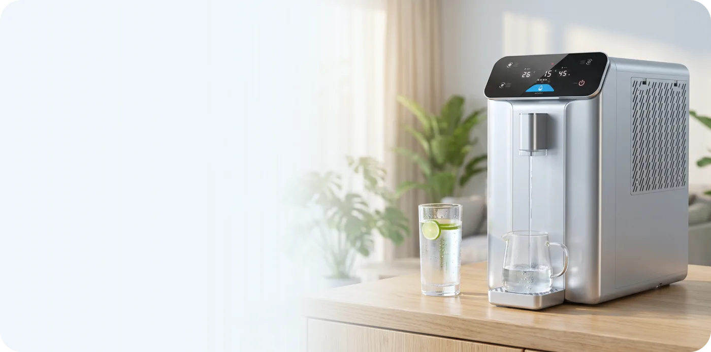 מחולל מים מהאוויר PureAir10 על משטח עץ, ממלא קנקן זכוכית