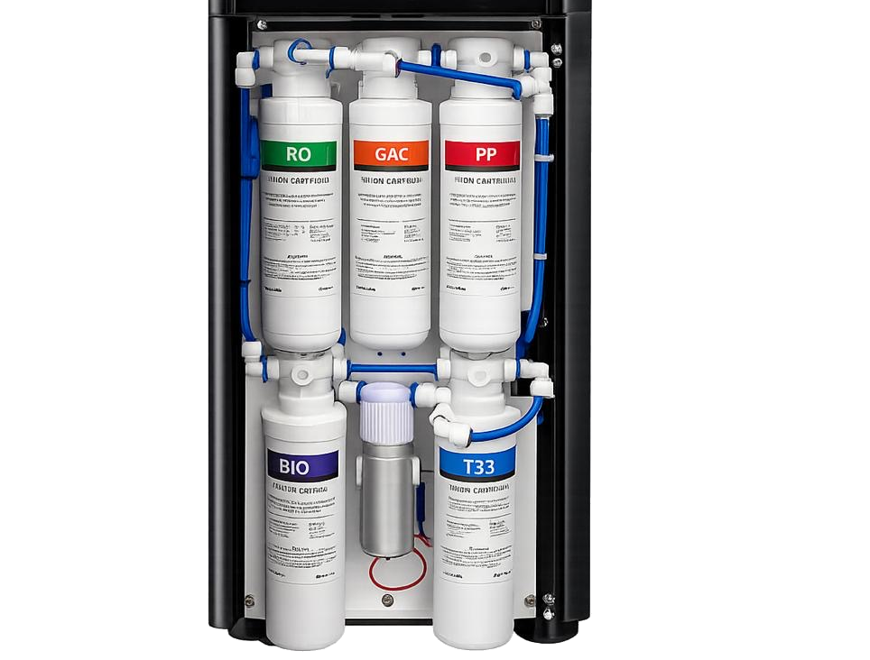 9-stage filter core — sediment, carbon block, RO membrane, UV-C sterilisation